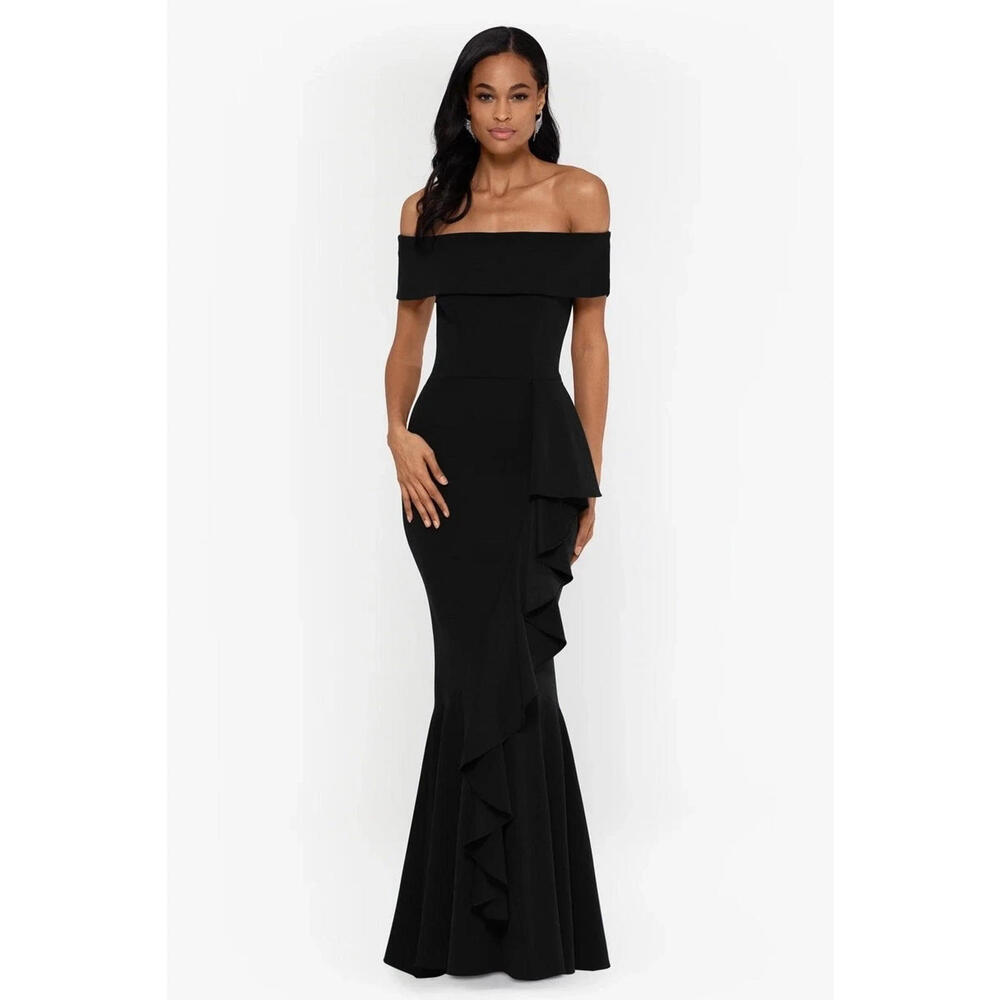 Betsy & Adam Black Off the Shoulder Crepe Ruffle Gown Size 4 Black  $279